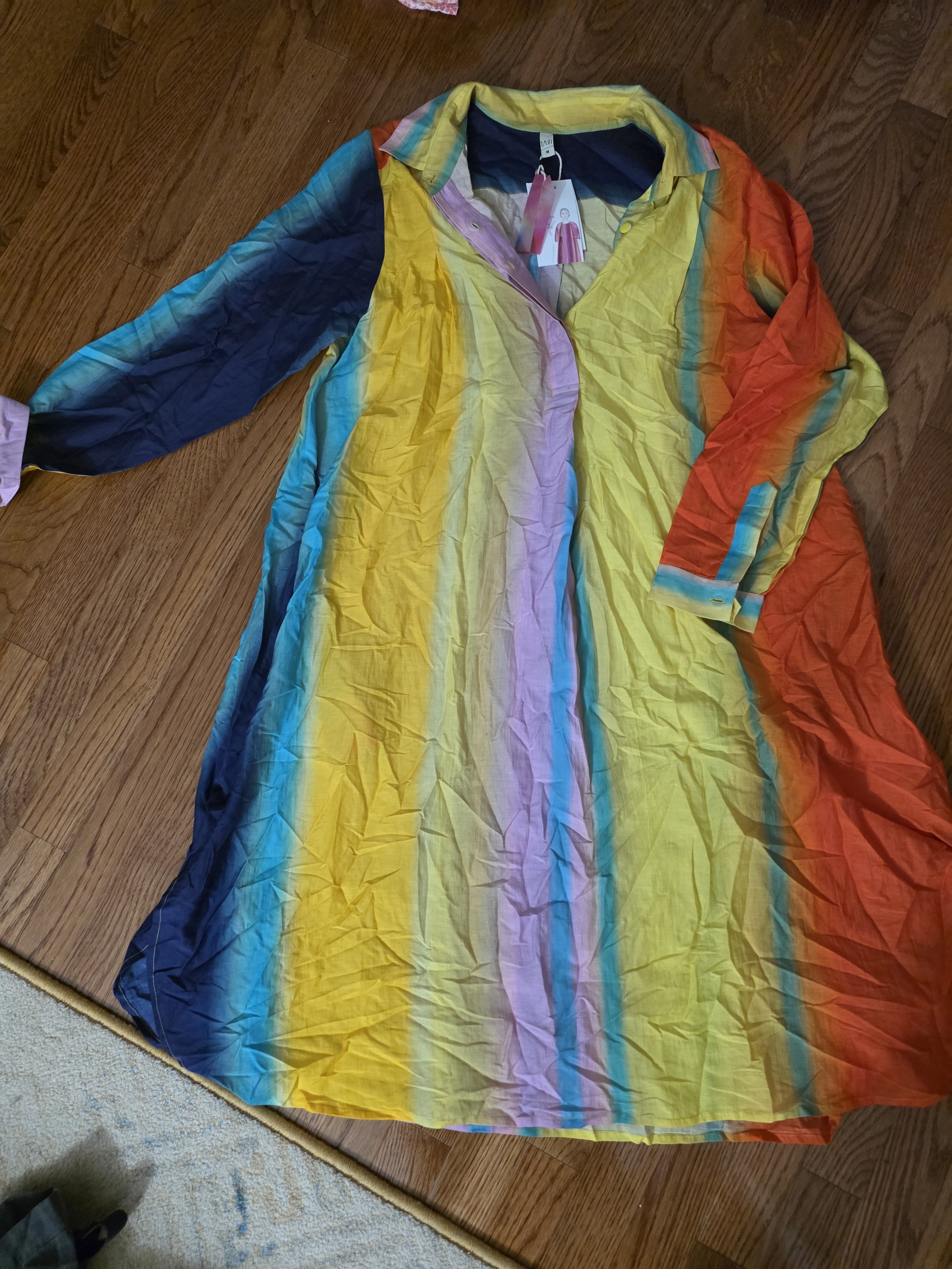 Rainbow Striped Shirt Dress - Multicolor 2 Hidden Pockets
